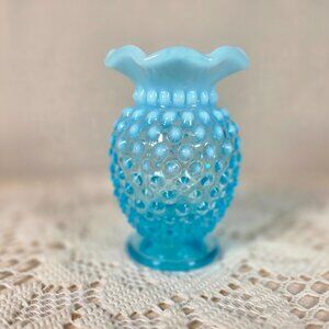 Fenton Blue Opalescent Hobnail Glass Vase With Ruffled Rim 3.5 Inches